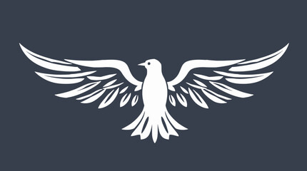 White stylized dove with outstretched wings against a dark blue background, creating a simple, elegant symbol.