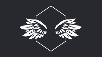 Symmetrical white wings displayed within a geometric hexagon frame on a dark background.