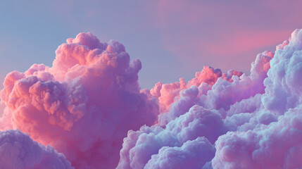 Dramatic pastel sky with fluffy pink and purple clouds at sunset, vibrant dreamy atmosphere with soft light, colorful cumulus cloudscape creating a surreal abstract background for design