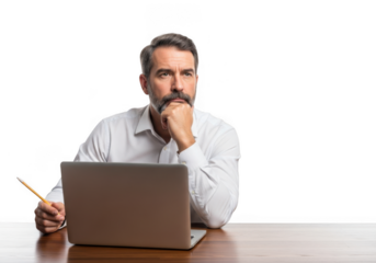 Thoughtful businessman with laptop isolated on transparent background