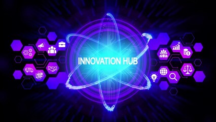 Glowing neon atom with text innovation hub and business icons on purple hexagons nucleus electrons