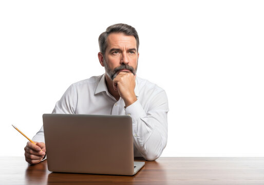 Thoughtful businessman with laptop isolated on transparent background