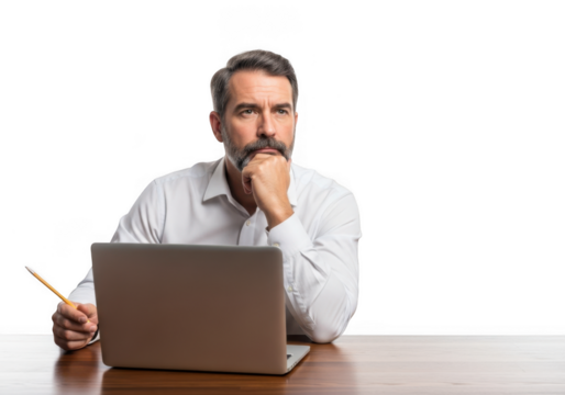 Thoughtful businessman with laptop isolated on transparent background - Powered by Adobe