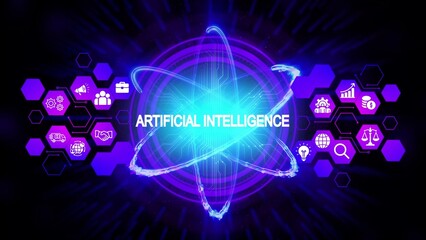 Glowing artificial intelligence text surrounded by orbiting atomic structure and hexagonal icons technology
