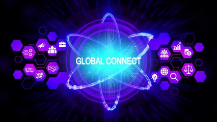 Glowing neon atom with global connect text and business icons network technology