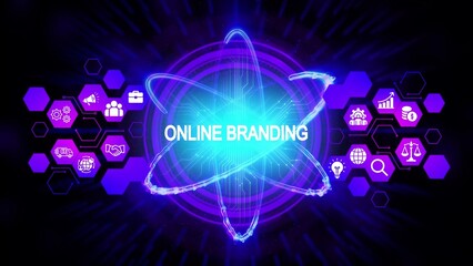 Glowing neon atom with online branding text and digital icons on dark background digital marketing technology