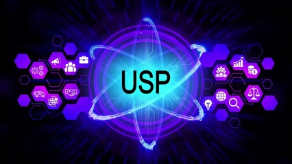 U S P text in center of glowing atom structure with business icons unique selling proposition atomic structure
