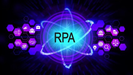 Robotic Process Automation R P A digital network with business icons and atom symbol technology