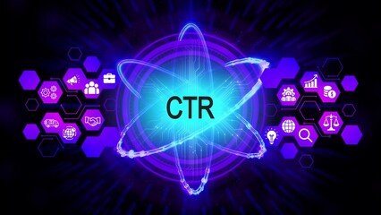 Digital atom with C T R text and business icons in purple and blue neon glow click through rate digital marketing