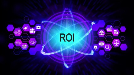 Glowing neon atom structure with R O I text and business icons on dark background return on investment