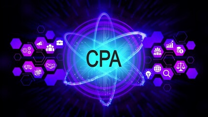 C P A acronym in glowing atom nucleus surrounded by purple hexagons with business icons finance accounting
