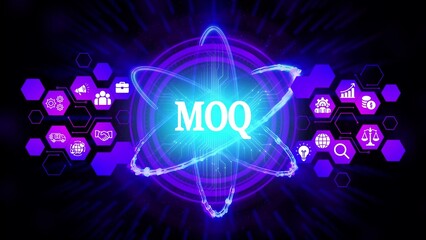 Glowing M O Q text within atomic structure surrounded by purple hexagons with business icons minimum order quantity