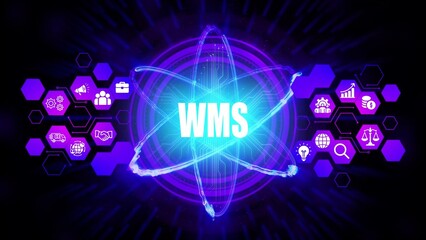 W M S text in glowing blue center of atomic structure with purple hexagonal network and icons warehouse management system