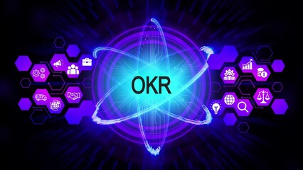 O K R acronym in glowing blue atom nucleus with purple hexagonal network and business icons objectives and key results