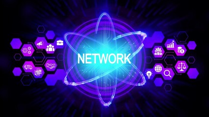 Glowing network atom with interconnected business icons and digital circuits technology connection
