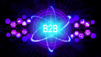 Glowing B2 B text at center of abstract atom structure with business icons business to business atomic structure