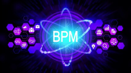 Business process management B P M concept with glowing atom and icons technology innovation