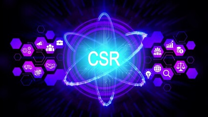Glowing C S R atom with interconnected business icons on dark background corporate social responsibility