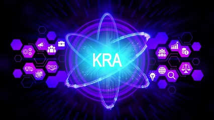 Glowing atom with K R A text and business icons on purple hexagons nucleus electrons