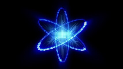 Glowing blue abstract atom model with circuit board core on black background atomic science