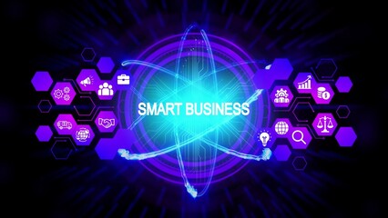Glowing neon atom nucleus with smart business icons and text abstract technology