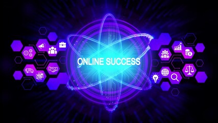 Glowing abstract atom with text online success and business icons science technology