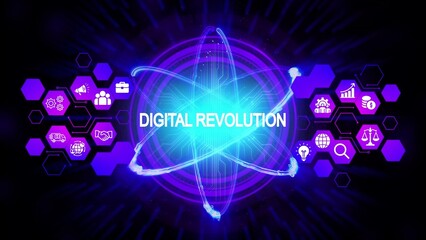 Glowing digital atom with icons representing business and technology concepts on a dark background digital revolution