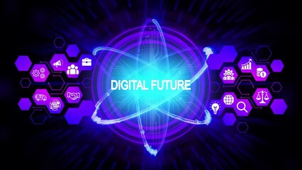 Glowing digital atom with icons representing business technology and global connection digital future