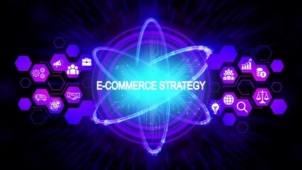 Digital e commerce strategy with glowing atom and business icons digital marketing online business