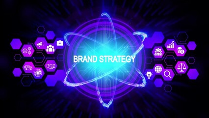 Glowing Brand Strategy text with orbiting icons and hexagonal network marketing business