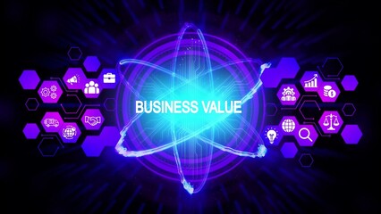 Glowing neon atom with business icons and text business value nucleus