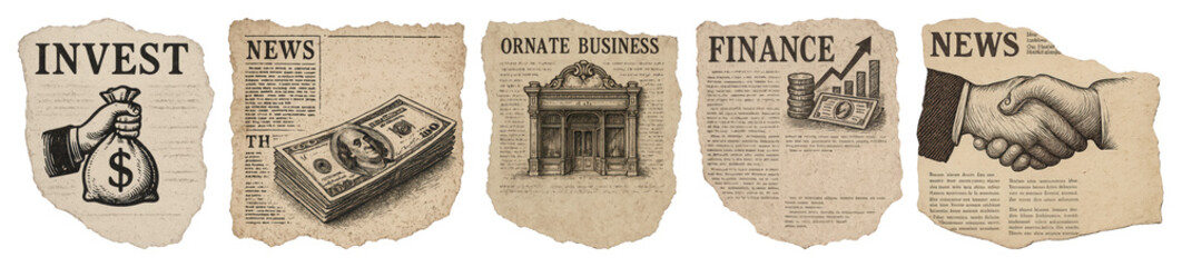 Fototapeta na wymiar PNG Vintage financial newspaper illustrations, element set on transparent background