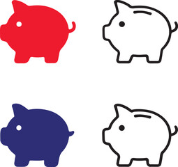 Piggy bank icons set, four money savings piggy bank icons, black silhouette, outline, filled, thin stroke, minimal vector, editable isolated design, finance and investment symbols
