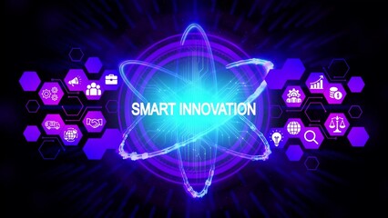 Glowing atom with smart innovation text and business icons technology network