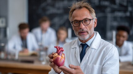 A biology teacher explaining a human heart model during a science class