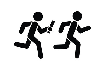Stick figure runners exchanging a baton in a relay race