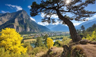 Scenic Alpine Valley Embraced by Majestic Mountains and Vibrant Autumn Colors