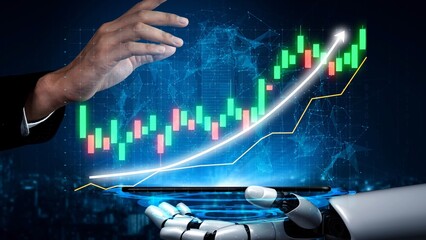 A human hand reaches toward a digital screen that shows financial growth, accompanied by a robotic...
