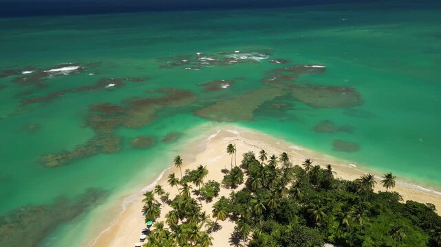 Drone view of Punta Popy Beach &mdash; turquoise and green waters with sandy coastline. Perfect for eco-tourism and documentaries. Filmed 22 august 2025, Las Terrenas, Dominican Republic