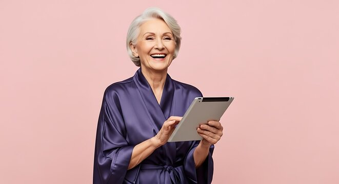 A joyful elderly woman with short gray hair, wearing a purple silk robe, is smiling broadly while holding and interacting with a tablet computer against a plain pink background.