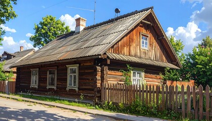 A charming, aged wooden house with a classic design stands on a sunny street.