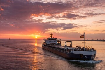 Obraz premium Cargo Ship Navigates Waters at Sunset Near the Coast