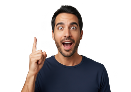 Man with excited expression pointing finger isolated on transparent background