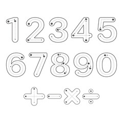 Set of numbers 0-9, dotted lines. For practicing writing. 