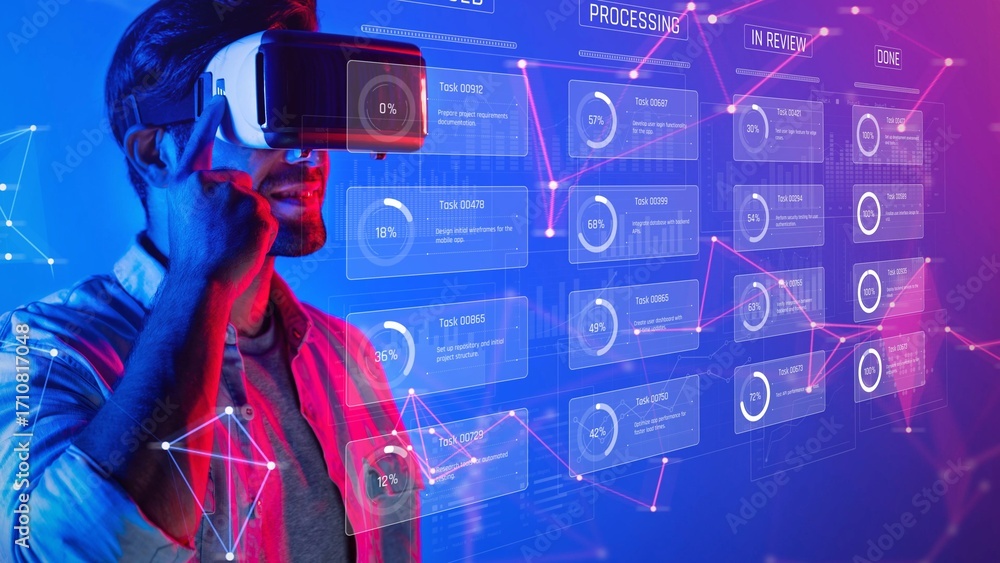 Poster a man engages with virtual reality technology, exploring data and analytics through a vibrant, neon 