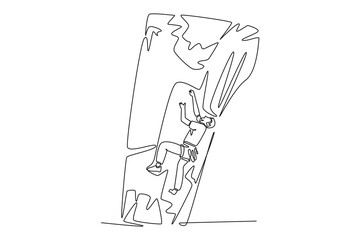 Continuous one line drawing professional young man climbing a steep cliff, symbolizing adventure, strength, determination, and thrill of the ascent. Single line draw design vector graphic illustration