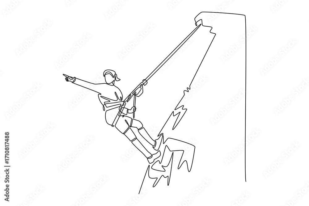 Poster continuous one line drawing young man is pointing forward while rappelling, embodying a thrilling ho
