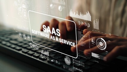 Innovative SaaS Concept with Text Overlay and Data Visualization in a Modern Workspace Setting. Asymptotic smart data analytic.