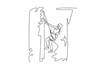 Obraz premium Continuous one line drawing female climbing cliff in challenging pose, representing focused concentration and courage required to conquer rock wall. Single line draw design vector graphic illustration