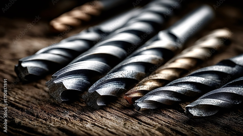 Poster drill bits resting on wooden surface in workshop setting